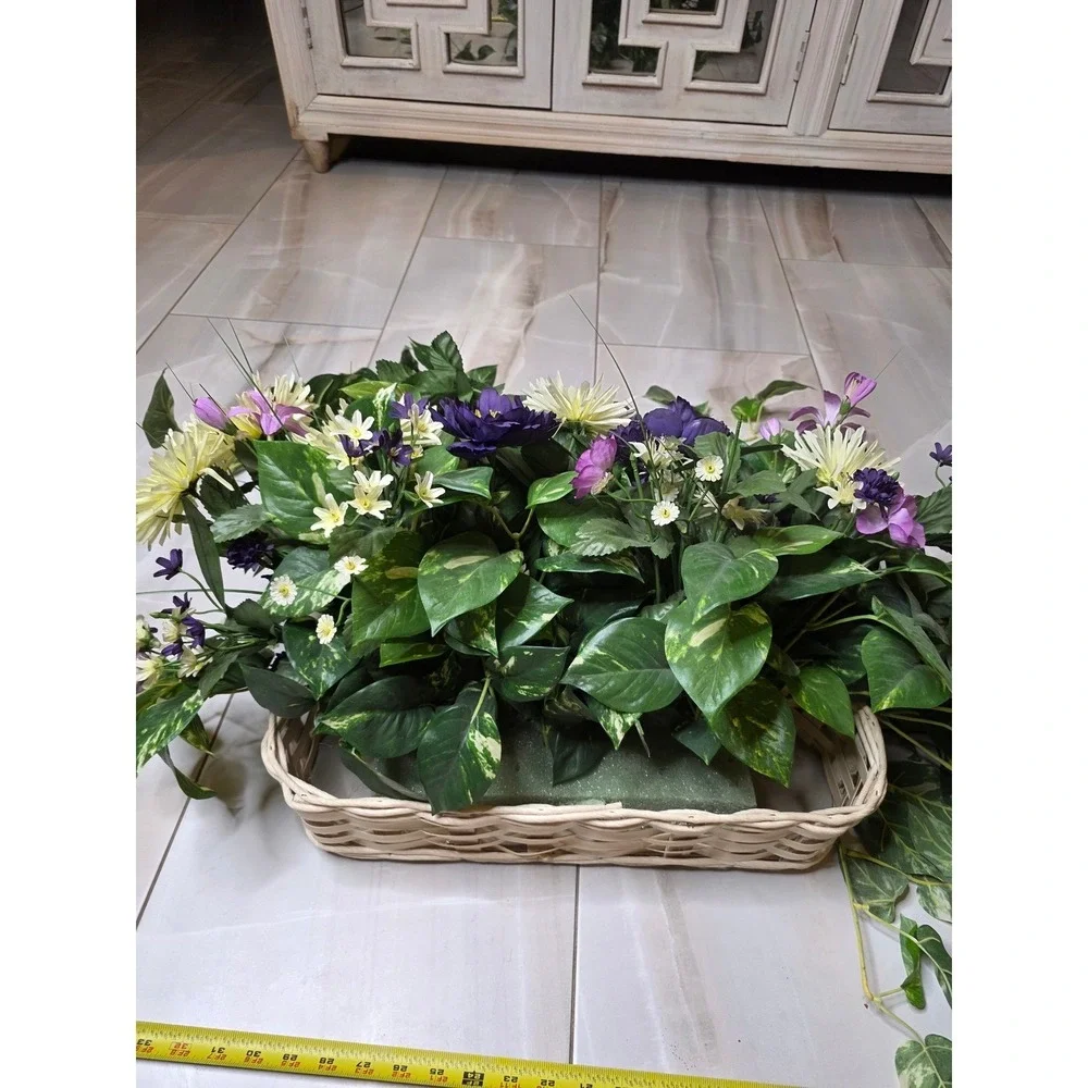 Silk Purple Peony Cream Chrysanthemum Floral‎ Arrangement in Wicker Basket 35in